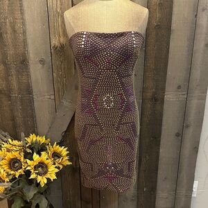 Jovani Strapless Purple Rhinestone Bodycon Mini Dress Cocktail Party Evening
